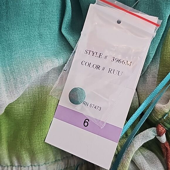 Taylor NWT Printed Chiffon Mock Neck Sleeveless Gathered Maxi Dress Rust Teal 6 - Picture 7 of 10